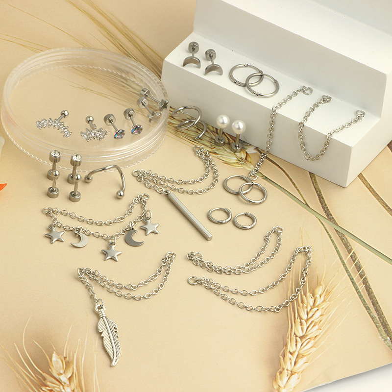 316L Surgical Steel Ear Chain Crown Ear Bone Nail Screw Twist Ball Fashion Earrings European American Piercing Jewelry Set - Image 2