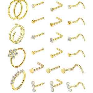 23PCS 316L Surgical Steel Nose Ring Set Body Piercing Jewelry Silver 18K Plated Nail Studs Hoop Kit