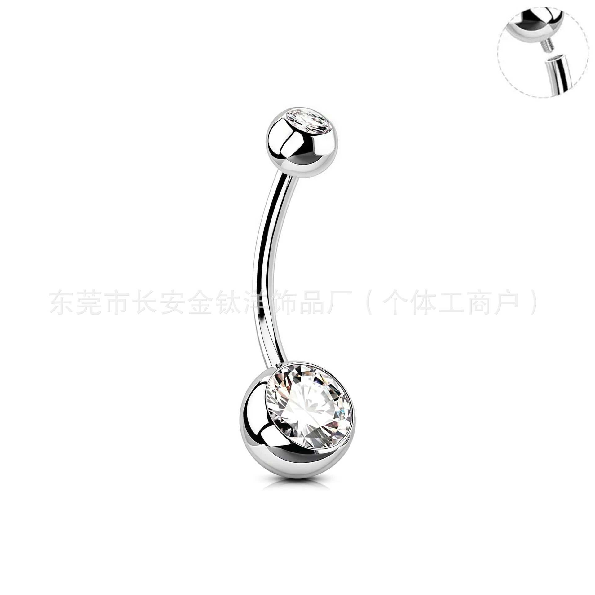 F136 Titanium External Thread Double-Ended Curved Rod Zircon Navel Piercing Ring - G23 Titanium Alloy Body Jewelry - Image 4