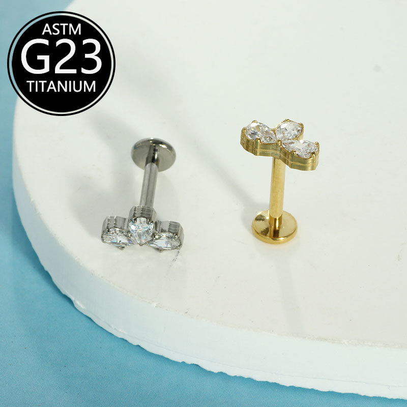 F136 Titanium Alloy Water Drop Zircon Three-Petal Flower Lip Nail G23 Titanium Internal Thread Lip Nail Tongue Nail Piercing Jewelry - Image 2