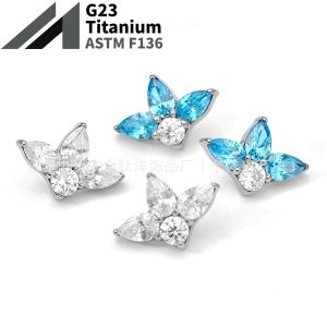 F136 Titanium Internal Thread Full Diamond Leaf Zircon Lip Nose Ear Nail Piercing Jewelry G23 Titanium Alloy