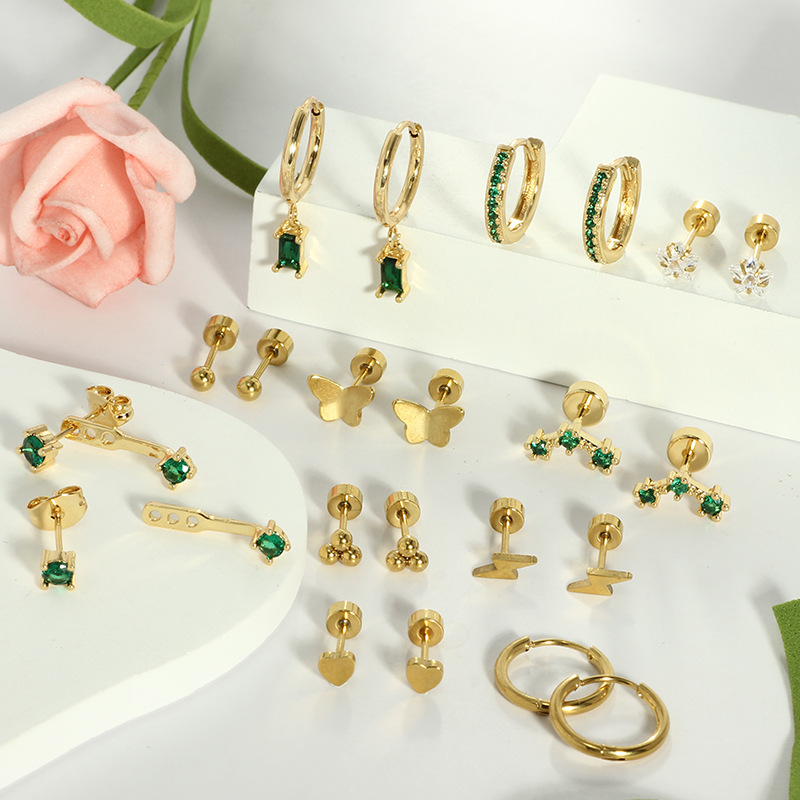 Trendy Real Gold Stainless Steel Electroplated Green Zircon Earrings Set for Women and Men - Image 2
