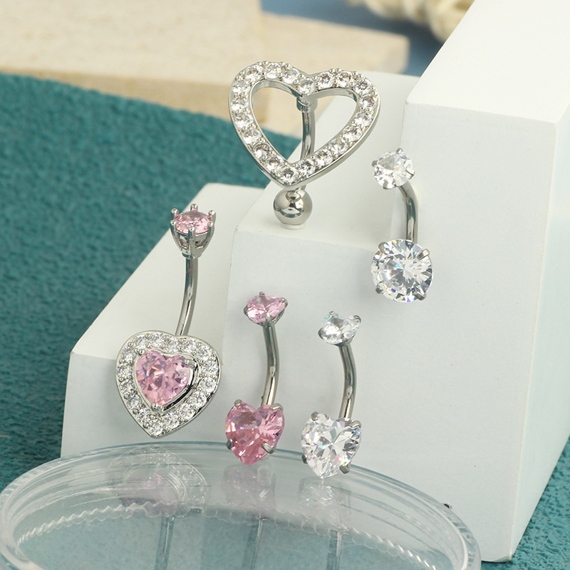 New Heart-Shaped Double Zircon Stainless Steel Navel Ring with Full Diamond Heart Navel Buckle Piercing Accessory - Image 3