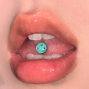 Cartoon Pokémon Tongue Ring Titanium Steel External Thread Tongue Barbell Piercing Jewelry, Drinkable Nail Design, Cute Bulbasaur Color