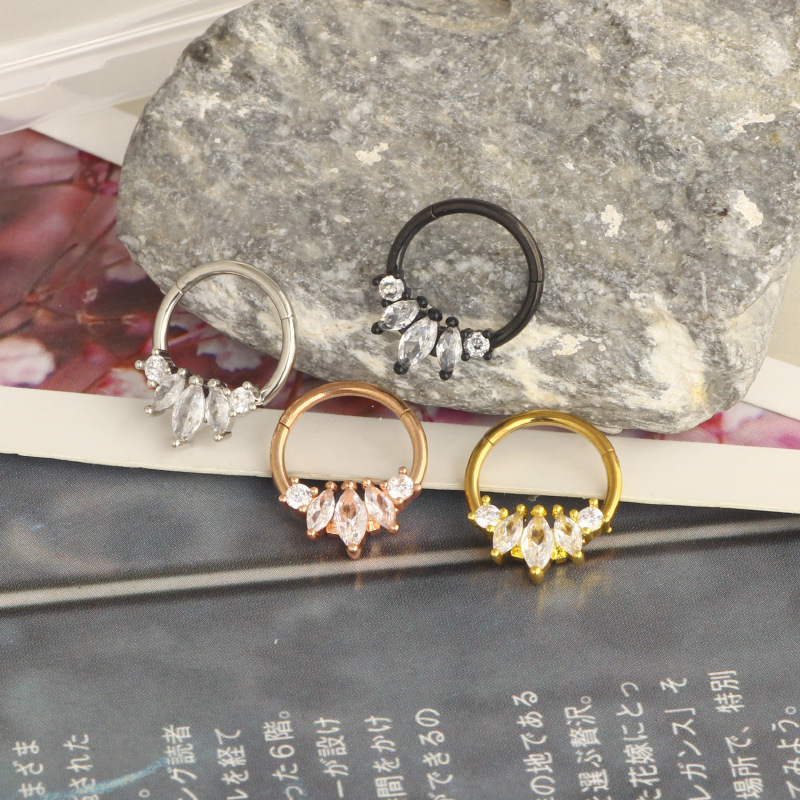 Stainless Steel Closed Ring Human Piercing Cartilage Jewelry Nose Ring Three Flap Flower Micro Zircon Ear Clip Earrings - Image 4