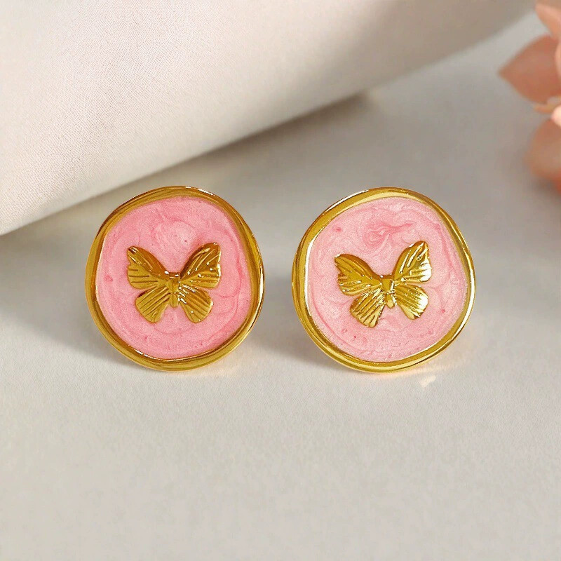 New Retro French Enamel Round Drop Oil Butterfly Earrings Simple Exquisite Fashion Niche High-End Earrings for Women - Image 3