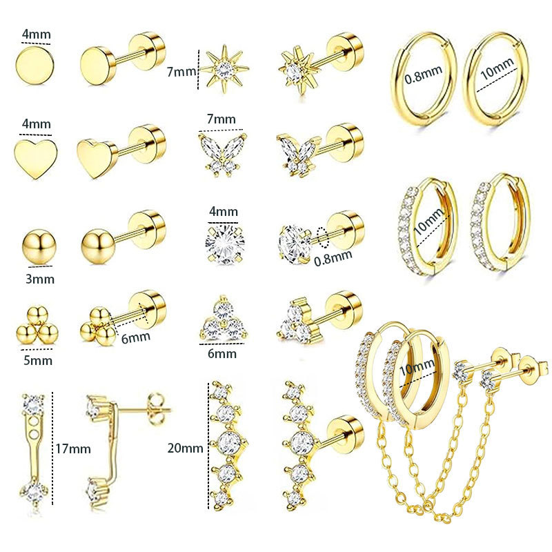 13 Pairs Geometric Zircon Earrings Set - Stainless Steel + Copper, Real Gold Plated, Flower Earrings, Butterfly, Star of David - Image 5