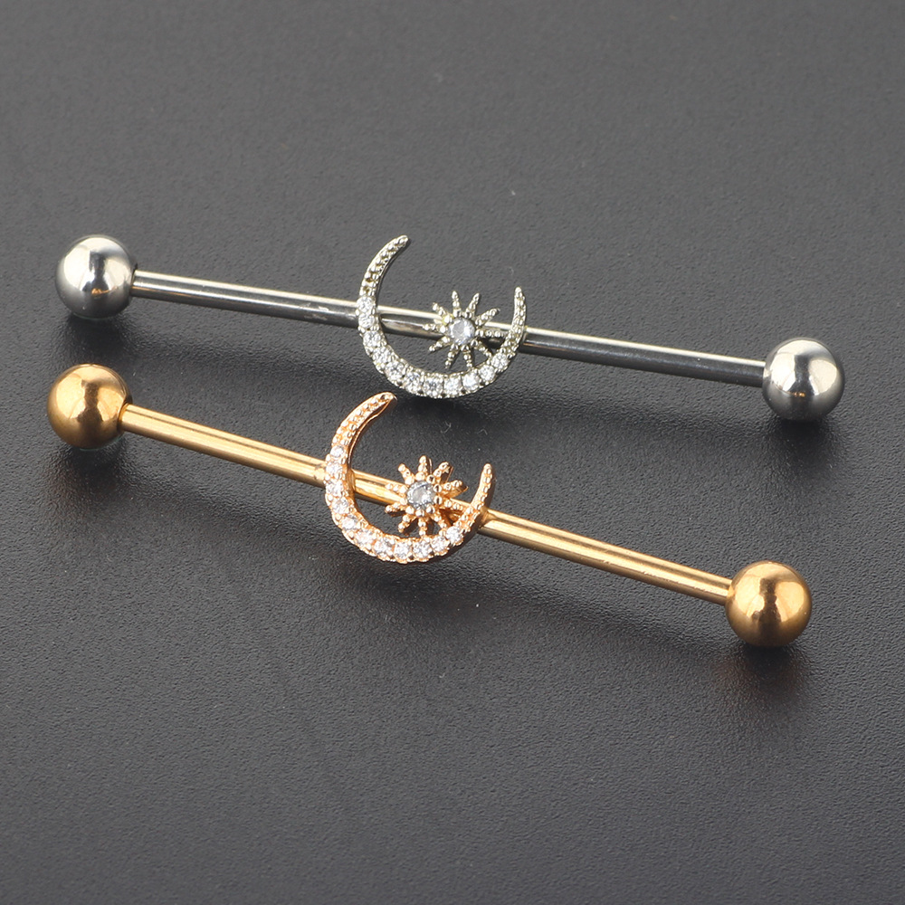 Long Row Diamond Moon Star Industrial Earring - Rose Gold Stainless Steel Cartilage Stud Ear Piercing Jewelry - Image 5