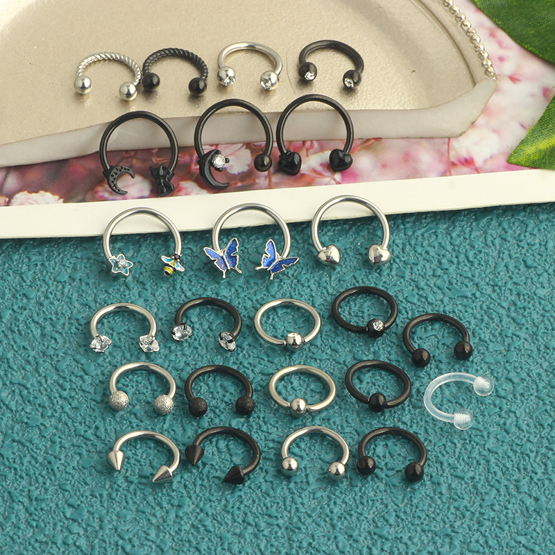 24 Pieces Stainless Steel Love Star Nose Ring Horseshoe Septum Earring Set Body Piercing Jewelry - Image 2