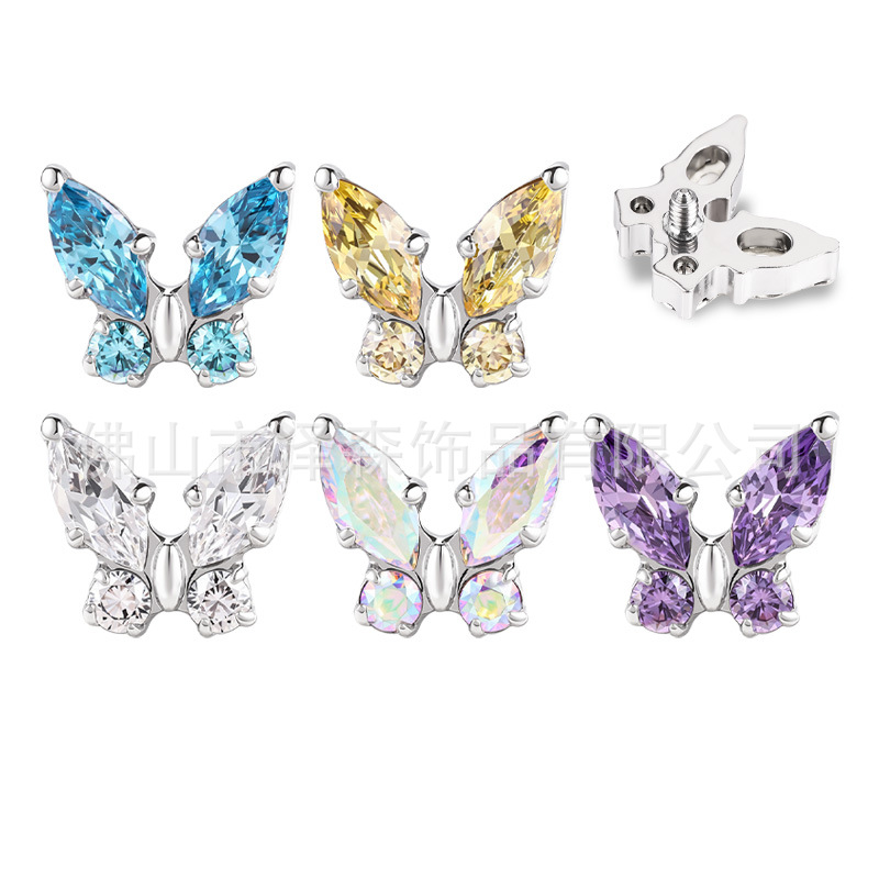 F136 Titanium Alloy Butterfly Lip Earrings with Zircon Internal Thread Body Piercing Ear Bone Studs - Image 4