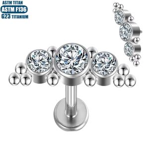 F136 Titanium Pierced Lip Ring with Zircon Welding Beads - Small Ear Stud Ear Bone Nail Lip Nail for Body Jewelry