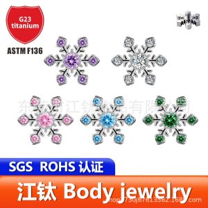 JT1073 G23 Titanium Snowflake Zircon Inlaid Internally Threaded Ear Bone Stud Lip Stud Body Piercing Jewelry