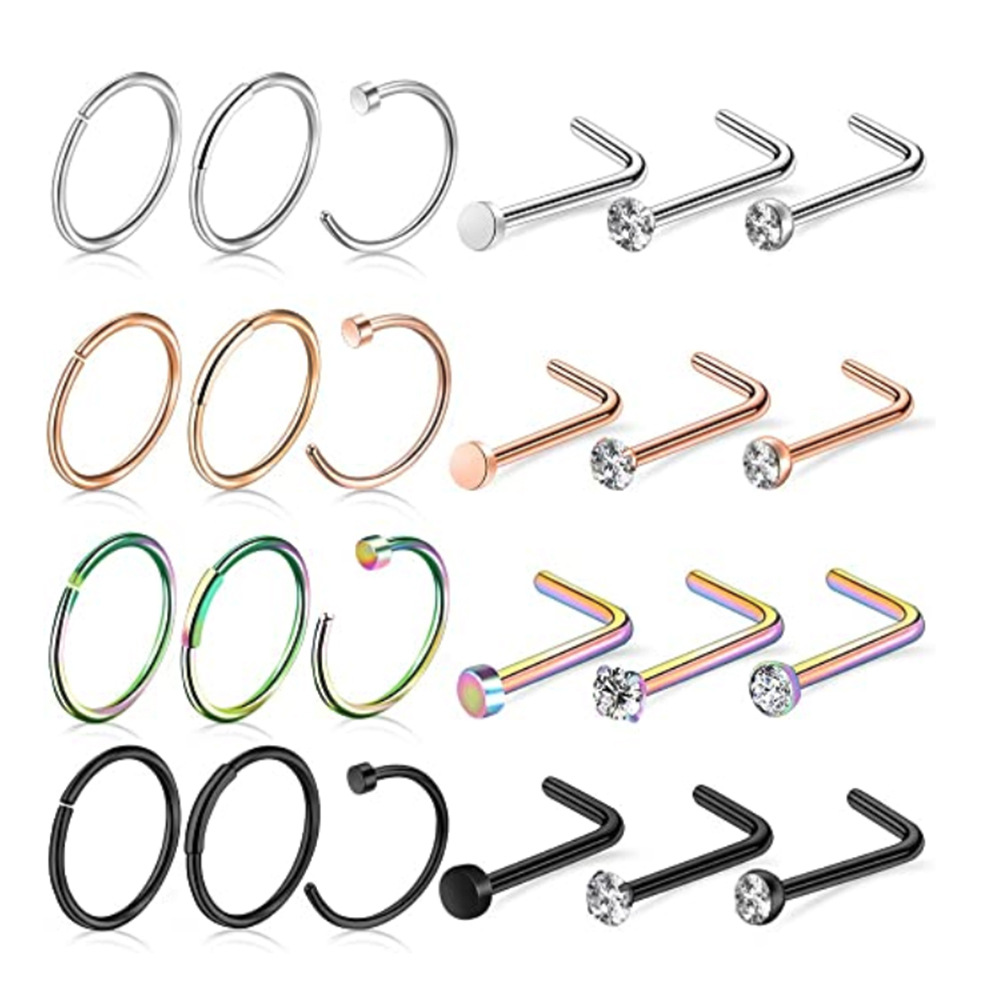 Rose Gold Nose Nail Ring Set 20G Stainless Steel CZ Piercing Jewelry - 30 Pcs - Image 4