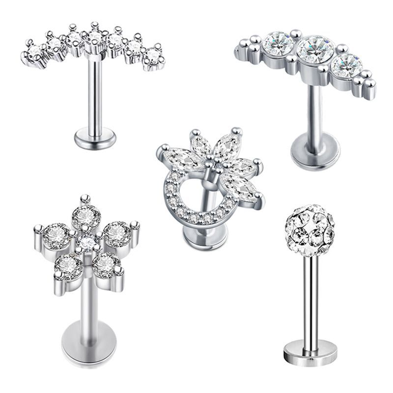 European American Simple Stainless Steel T-Rod Earrings Zircon Ear Nails Korean Screw Ball Distinctive Earrings 5 Pieces - Image 3