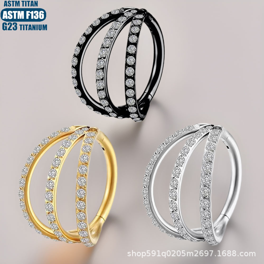 F136 Titanium Diamond-Encrusted Nose Ring, 3-Leaf Split Design Ear Hoop, Hinged Cartilage Stud Earrings, Full Diamond Fashion Ol Style - Image 4