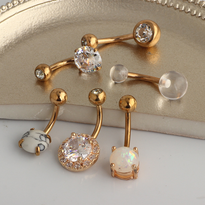 Rose Gold Opal Navel Ring Set - CZ Diamond Belly Button Piercing Jewelry - Image 5