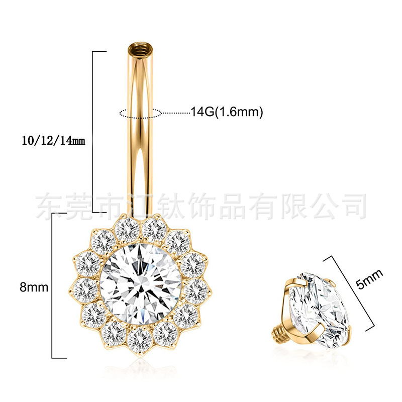 G23 Titanium Belly Button Ring Sunflower Inlaid Stone Cross Piercing Jewelry - Image 2