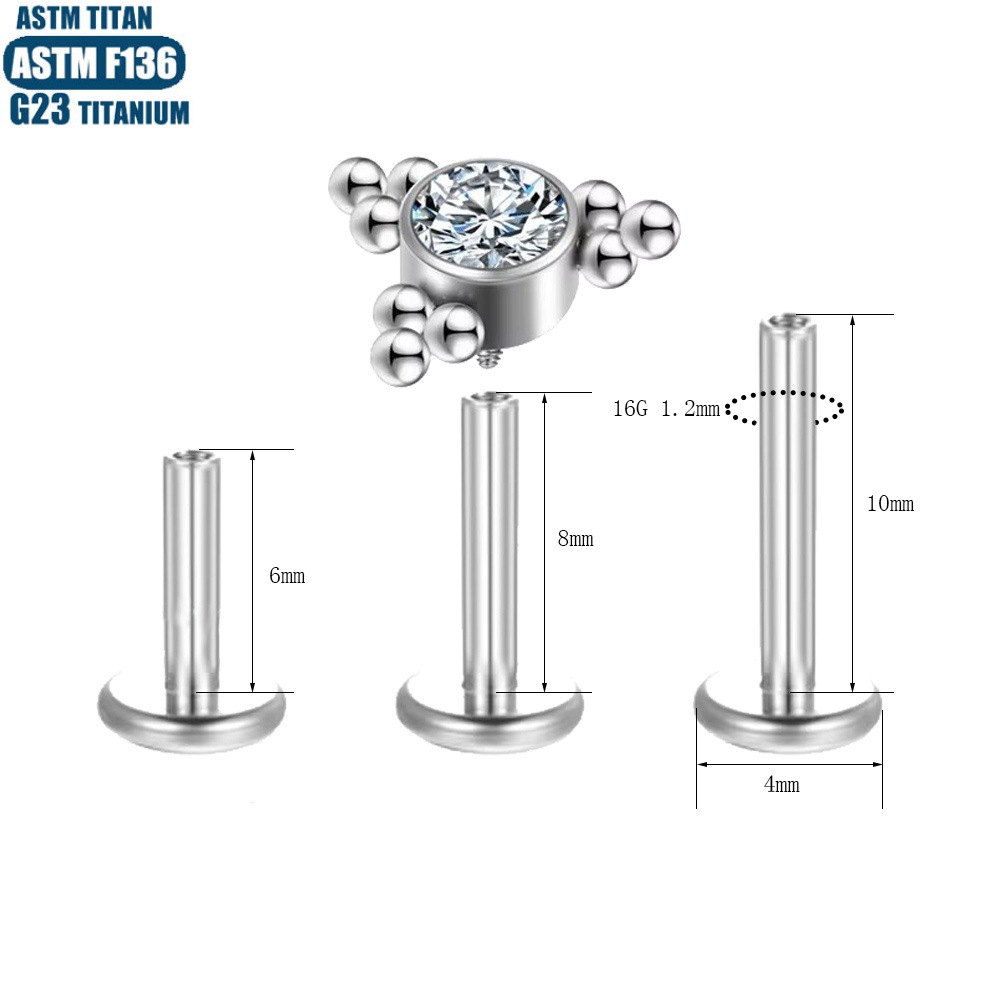 Silver Zircon Bead Cluster Thread Inner Teeth Lip Ring Earring - G23 Titanium Lip Piercing Jewelry - Image 2