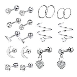 18Pcs 16G Stainless Steel Cartilage Tragus Earrings Studs for Men Body Piercing Jewelry