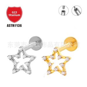 Star Inlaid Zircon G23 Titanium Alloy Ear Cartilage Stud Earring Hollow Star Design Body Piercing Jewelry