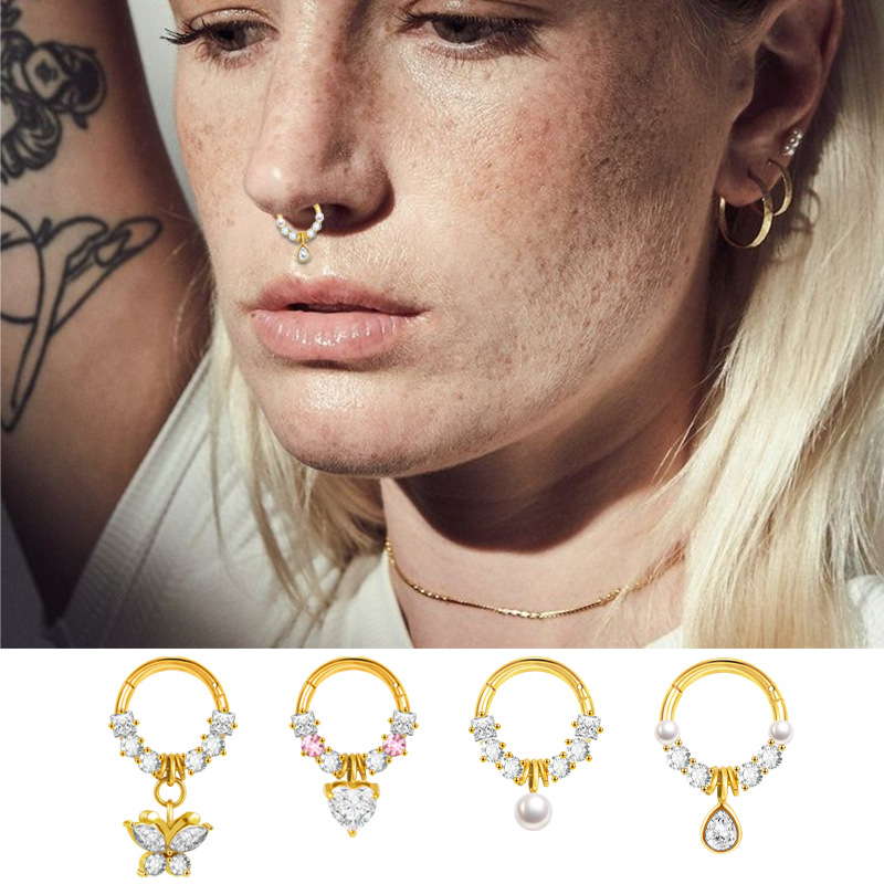 Butterfly Love CZ Zircon Stainless Steel Nose Ring Hoop Universal Set Nose Stud Jewelry - Image 2