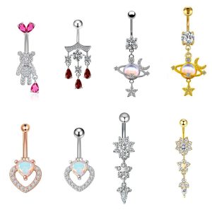 New Bear Belly Button Ring with Dangle Moon Planet Tassel Body Piercing Jewelry