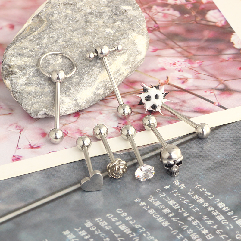 7-Piece Stainless Steel Ghost Head Star Tongue Ring Set - Rose Gold Tongue Nail Piercing Jewelry - Image 5