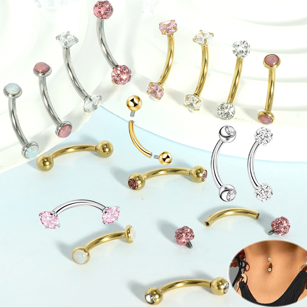 Stainless Steel Curved Barbell Navel Ring 14G Internally Threaded Double-Ended Round Zircon Opal Belly Button Piercing Jewelry - Image 2