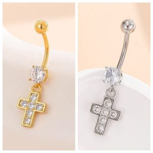 Cross Pendant Belly Button Ring Gold Copper Inlaid Stone Dangle Piercing Jewelry