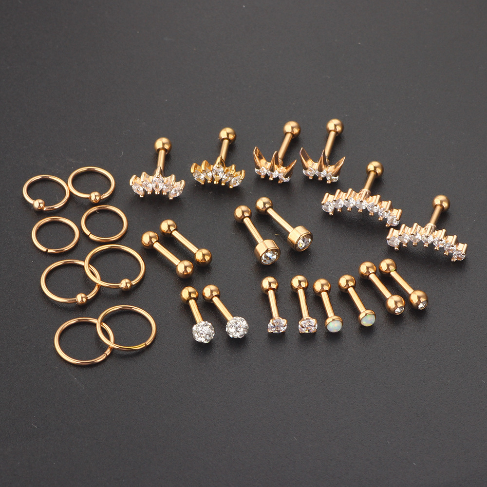 Rose Gold Stainless Steel Diamond Geometric Earring Set for Women - Cartilage Stud Ear Bone Clip - Image 3