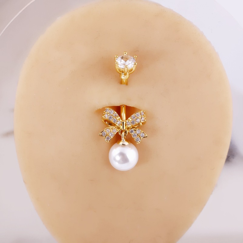 Simple Full Zircon Bow Pearl Belly Button Ring - Gold Ball, Copper Base, Summer 2025 - Image 4