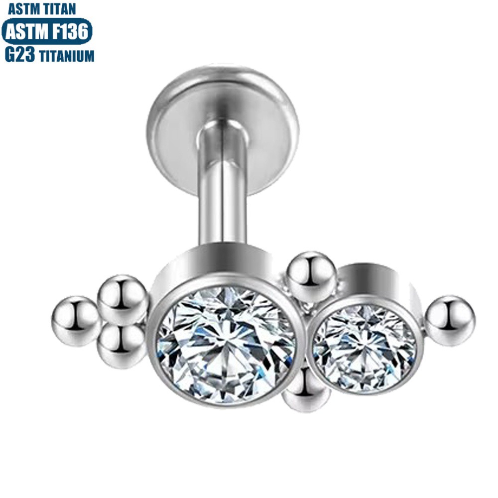 G23 Titanium Zircon Bead Cluster Lip Ring Stud Earring Body Piercing Jewelry Silver 1.2*10mm - Image 5