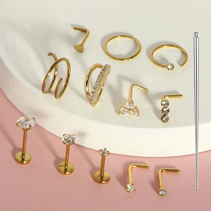 13-Piece Set Stainless Steel Nose Studs Basic Nose Rings Body Piercing Jewelry CZ Heart - Image 3