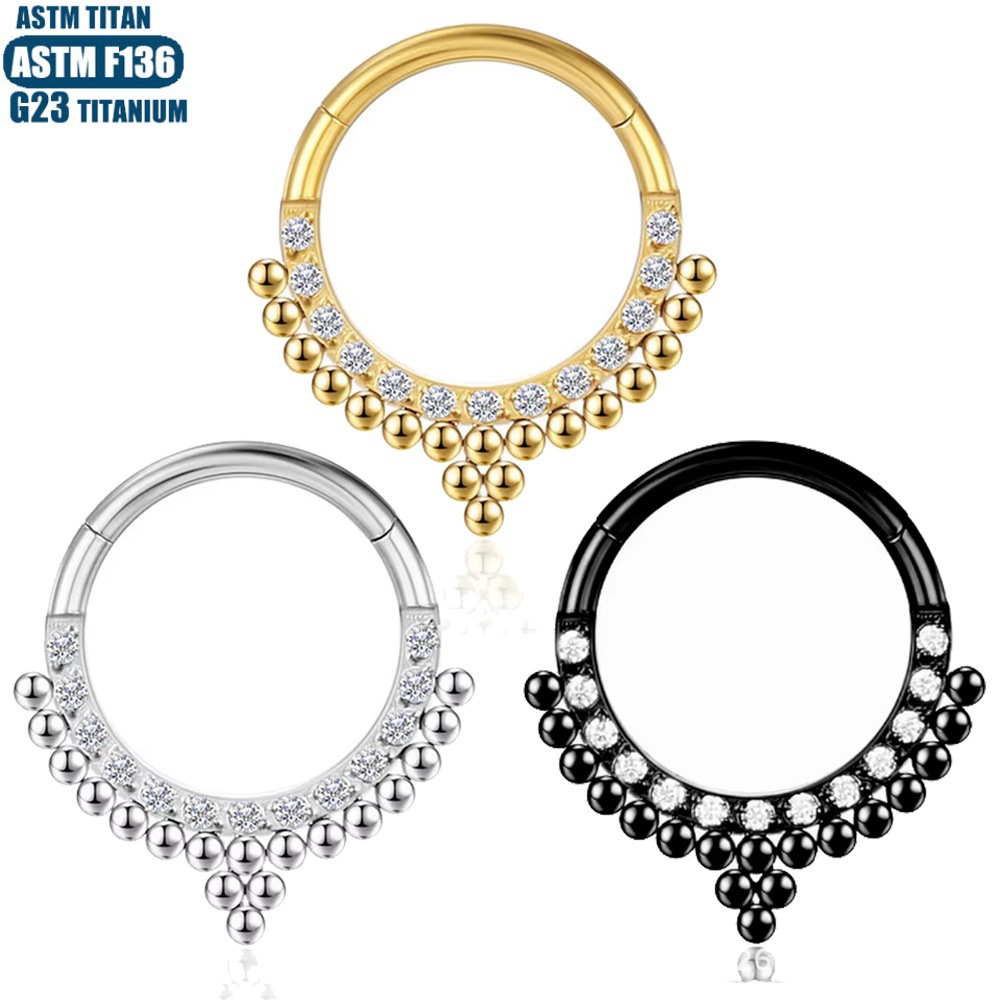 F136 Titanium Alloy Seamless Hinged Nose Ring Bead Cluster CZ Septum Earring - 1.2*12mm Black - Image 2