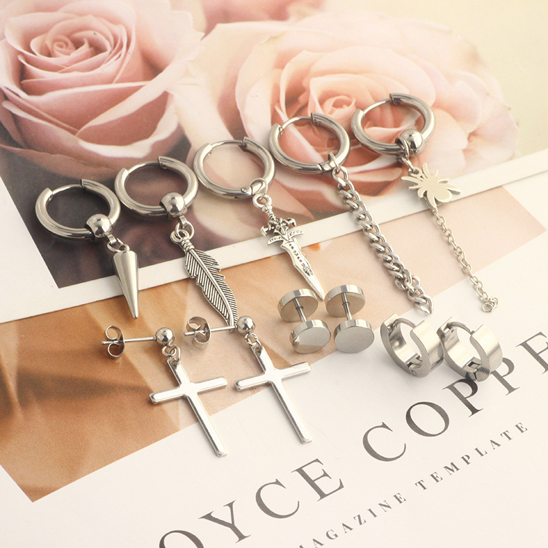 17 Pieces Set Men Stud Earrings Stainless Steel Pierced Earrings Set Black Silver Cross Earrings - Image 3