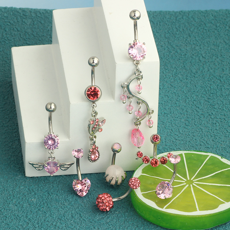 Amazon Popular 8 Piece Navel Love Wings Pink Series Navel Ring Earrings Piercing Products - Image 2