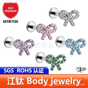 Titanium Bowknot CZ Ear Studs - G23 ASTM F136 Cartilage Piercing Jewelry Threaded Lip Studs