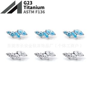 F136 Titanium Internally Threaded Beveled Edge Marquise Leaf Zircon Ear Cartilage Studs