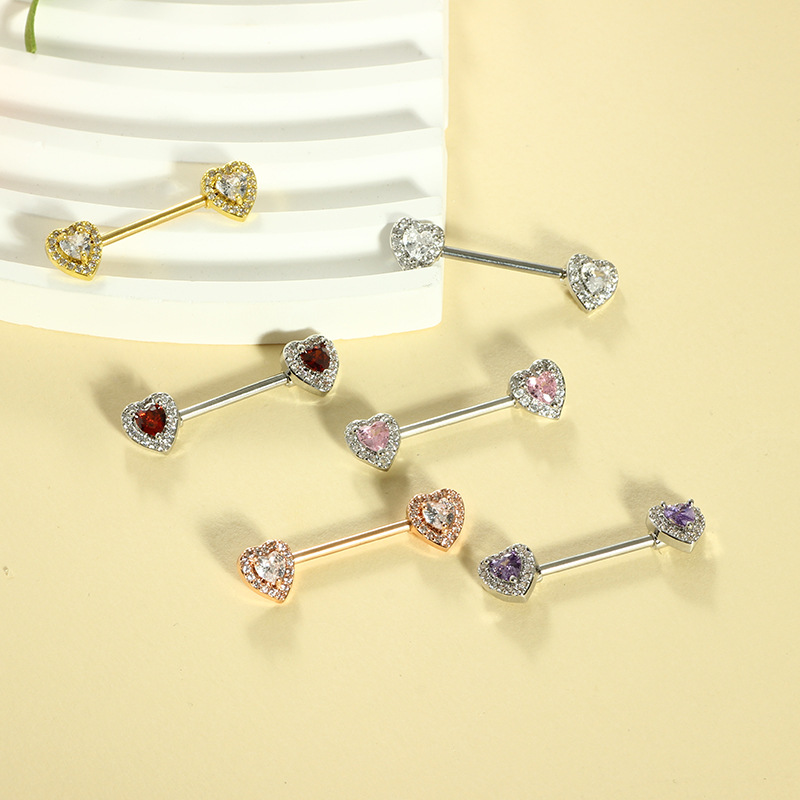 Cross-shaped Zircon Heart Breast Ring - 316L Surgical Steel Body Jewelry for Nipple, Ear, Tongue Piercing - Silver Red Gem Pair - Image 4