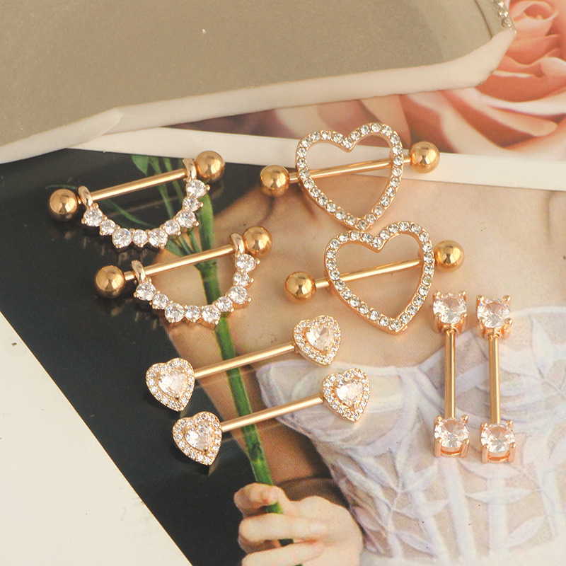 Rose Gold 4 Pairs Breast Ring Set Stainless Steel Zircon Diamond-embedded Nipple Jewelry Wholesale - Image 4