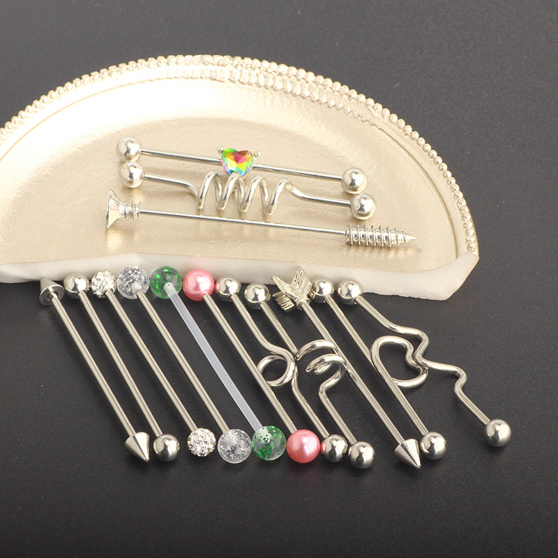 14Pcs Heart Cactus Industrial Barbell Earring Set Stainless Steel Bridge Ear Studs - Image 4