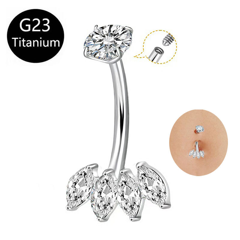 F136 Titanium Navel Ring with Four Marquise Zircon Stones, Internal Thread 14g Belly Button Ring, G23 Titanium Piercing Jewelry - Image 5