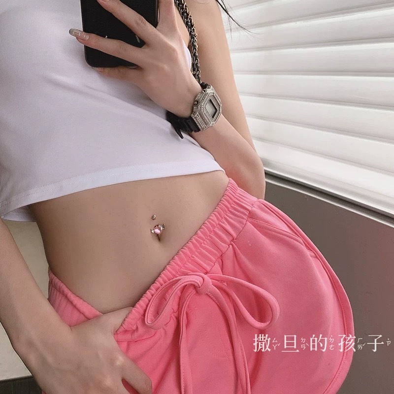 Pink Flower Wild Fan Trace Belly Button Ring Hot Girl Style 316L Surgical Steel Externally Threaded Navel Piercing Jewelry - Image 2