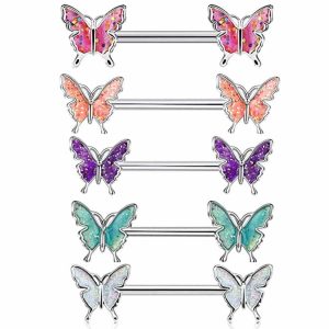 14G Champagne Butterfly Nipple Ring Set Oil Drip Design Stainless Steel Sexy Nipple Jewelry