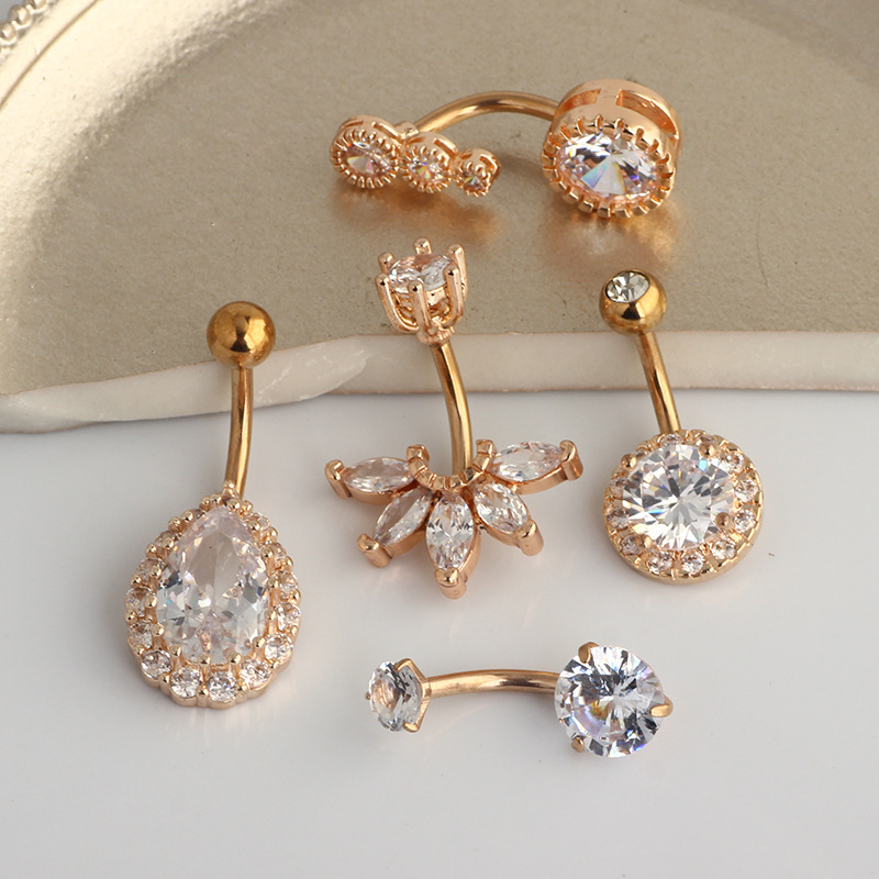 Freshly Released Rose Gold Navel Ring Set - 5-Piece Umbilical Body Piercing Jewelry with CZ Stones - Image 5