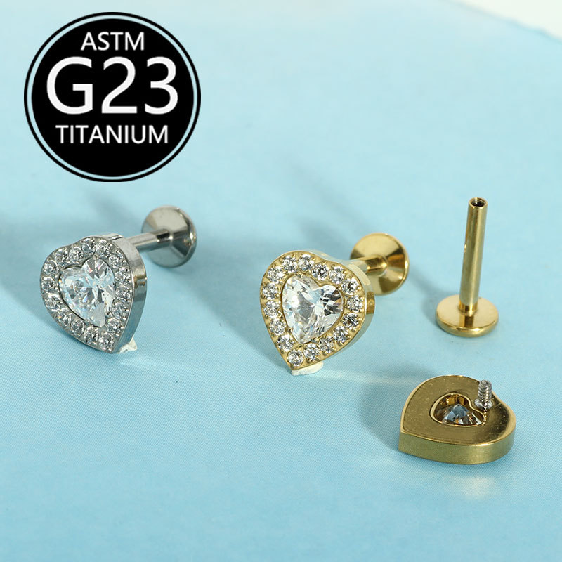 G23 Titanium Full Diamond Heart Lip Nail Earrings Implant Grade Skin-Friendly Ear Bone Piercing Jewelry - Image 2