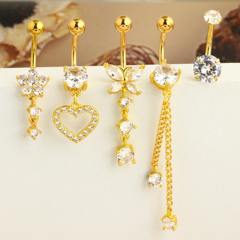 Heart-Shaped Navel Ring Zircon Belly Button Ring 5-Piece Set Body Piercing Jewelry - Image 4