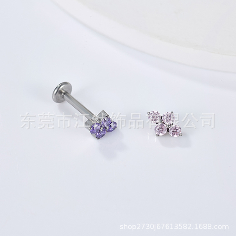 G23 Titanium Four-leaf Clover Earring Diamond-encrusted Lip Nail Cross-border Human Puncture Jewelry Ear Bone Nail - Image 2
