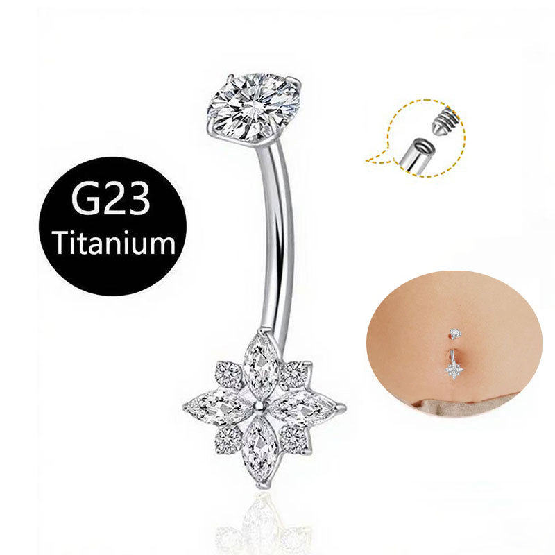 G23 Titanium Inlaid Zircon Marquise Navel Stud - Internally Threaded Belly Button Ring - Image 5