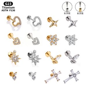 F136 Titanium Alloy Long Tooth Style Ear Studs with Zircon, Carved Ear Bone Studs, G23 Titanium Body Piercing Jewelry